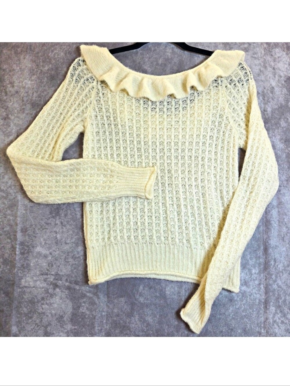 Anthropologie Ivory Open Knit Ruffled Collar Off The Shoulder Sweater Size XS